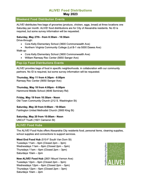 ALIVE Food Distribution Calendar May 2023 ALIVE!