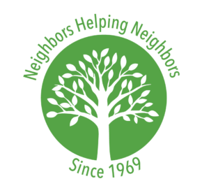 Logo for Neighbors Helping Neighbors: green circle with a white tree and the phrases 'Neighbors Helping Neighbors' and 'Since 1969'.