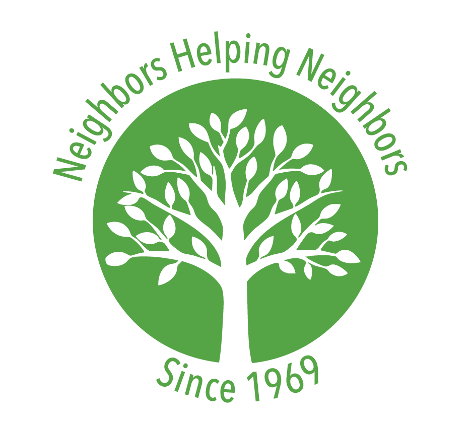Logo for Neighbors Helping Neighbors: green circle with a white tree and the phrases 'Neighbors Helping Neighbors' and 'Since 1969'.