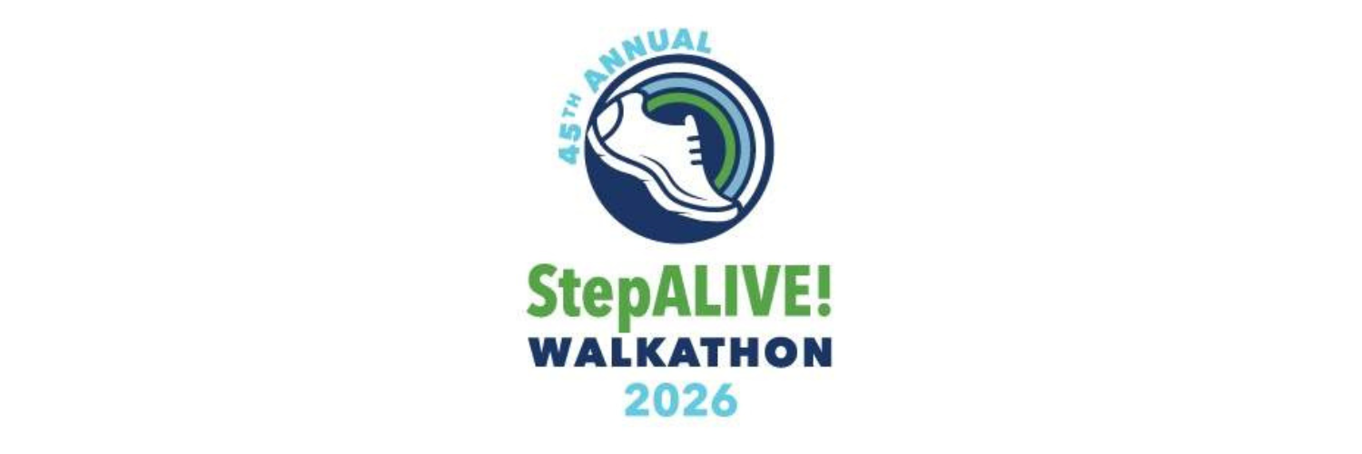 Logo for the 45th Annual StepAlive! Walkathon 2026, featuring a white running shoe inside a blue circular motif and teal/green text.