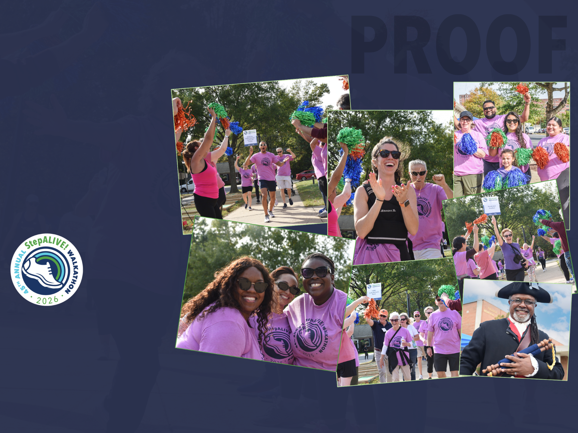 33f034b0-1b86-4ce3-b964-72def88328d6 | ALIVE! Collage of participants in pink shirts cheering with colorful pom-poms at an outdoor walkathon.